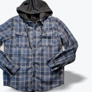 Retro Stitch Hooded Flannel Shacket Sherpa Lined Shirt Jacket Blue Plaid Medium